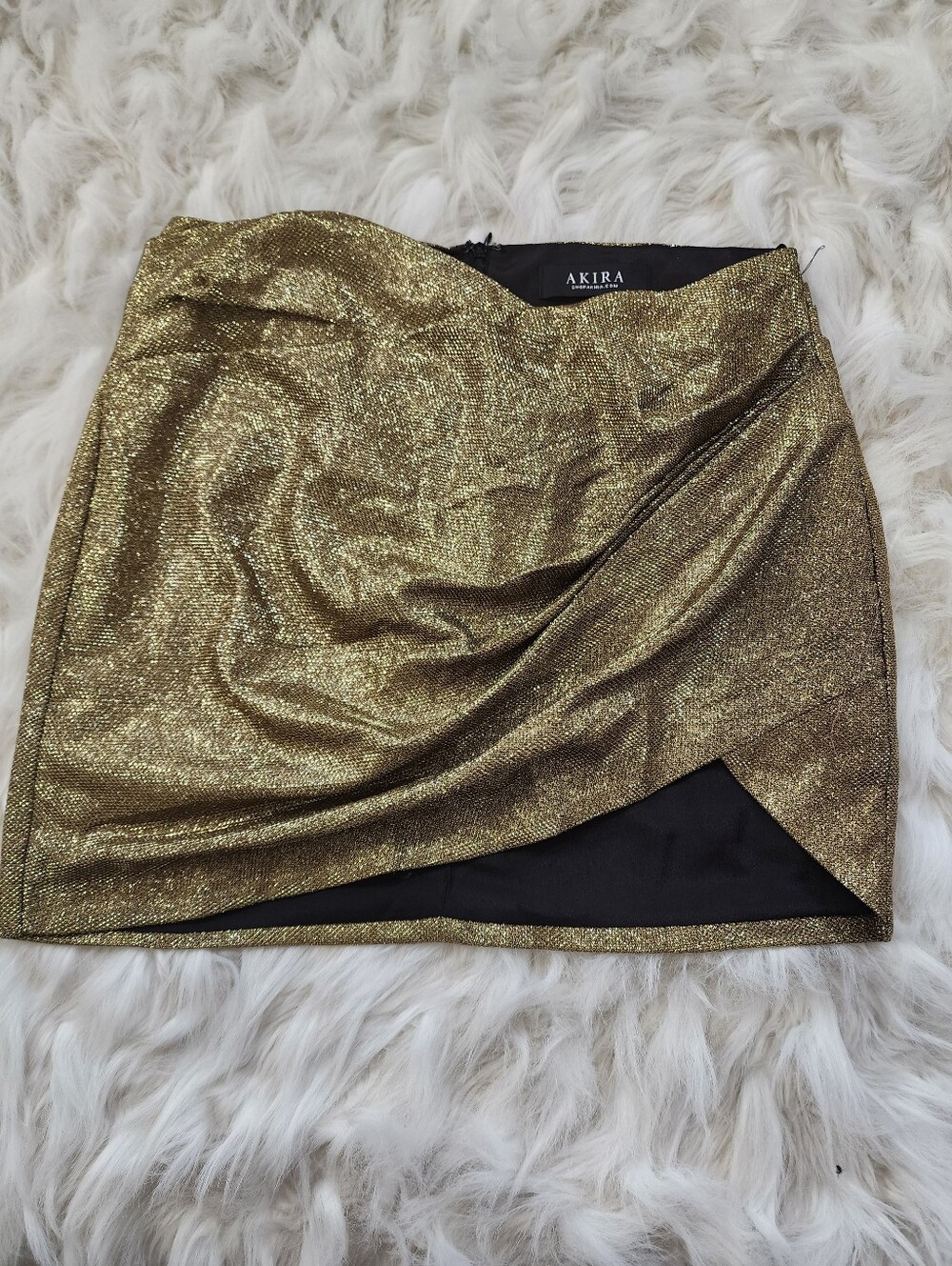 AKIRA Metallic Gold Wrap-Front Mini Skirt